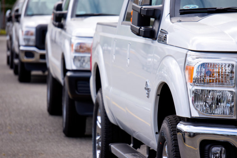 Ford Super Duty pick-up trucks lined up.