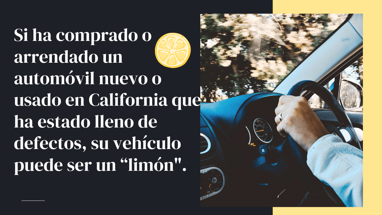 A graphic in Spanish explaining California's lemon law, next to a photo of someone driving.