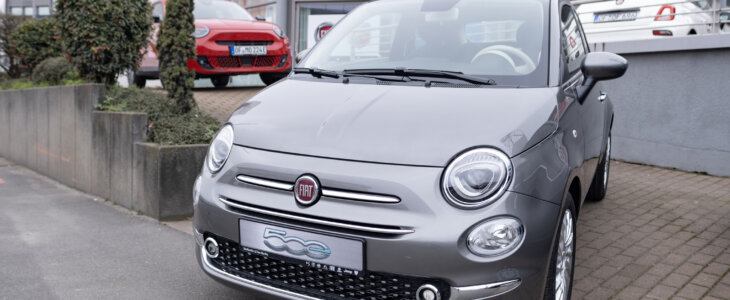 grey Electric Fiat 500 E classic Hatchback car parked in parking lot, automotive passion, Italian car manufacturer Fiat Group, Innovation automotive industry in Los angeles